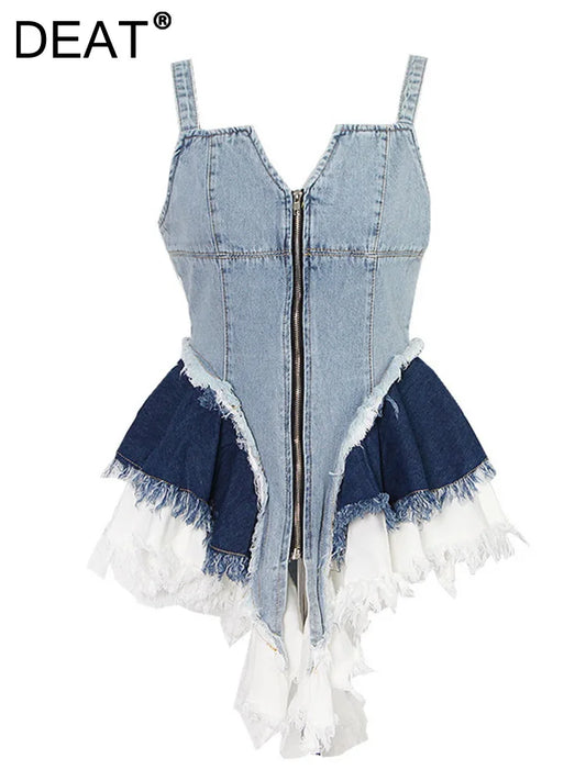 DEAT Fashion Women's Vest Dress V-neck Slim Patchwork Denim Zipper Ruffles Irrrgular Spaghetti Strap Dresses Summer 2024 17A945H