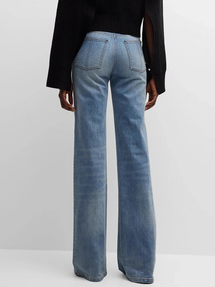 DEAT Fashion Pantalon en jean pour femme taille haute avec coutures contrastées noires et bleues, longueur au sol, jambes larges, automne 2024, nouveau 7AB763