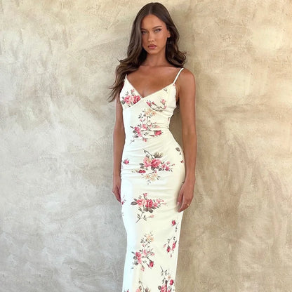 Robe à bretelles sans manches à imprimé floral pour femmes, mode col en V, robes maxi slim, été chic, femme, plage, fête, club, 2023