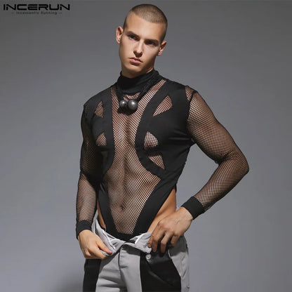 2023 Body pour hommes en maille patchwork sexy col roulé à manches longues t-shirts streetwear transparent mode body pour hommes INCERUN