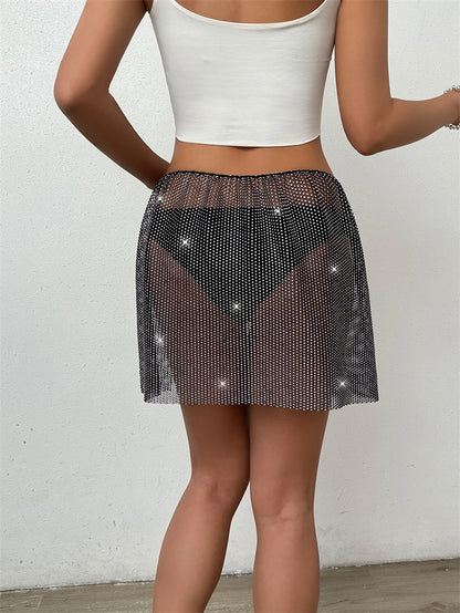 Jupe mini sexy transparente en strass pour femme, jupe crayon fendue brillante pour la plage et les fêtes, vêtements de festival, été, 2024