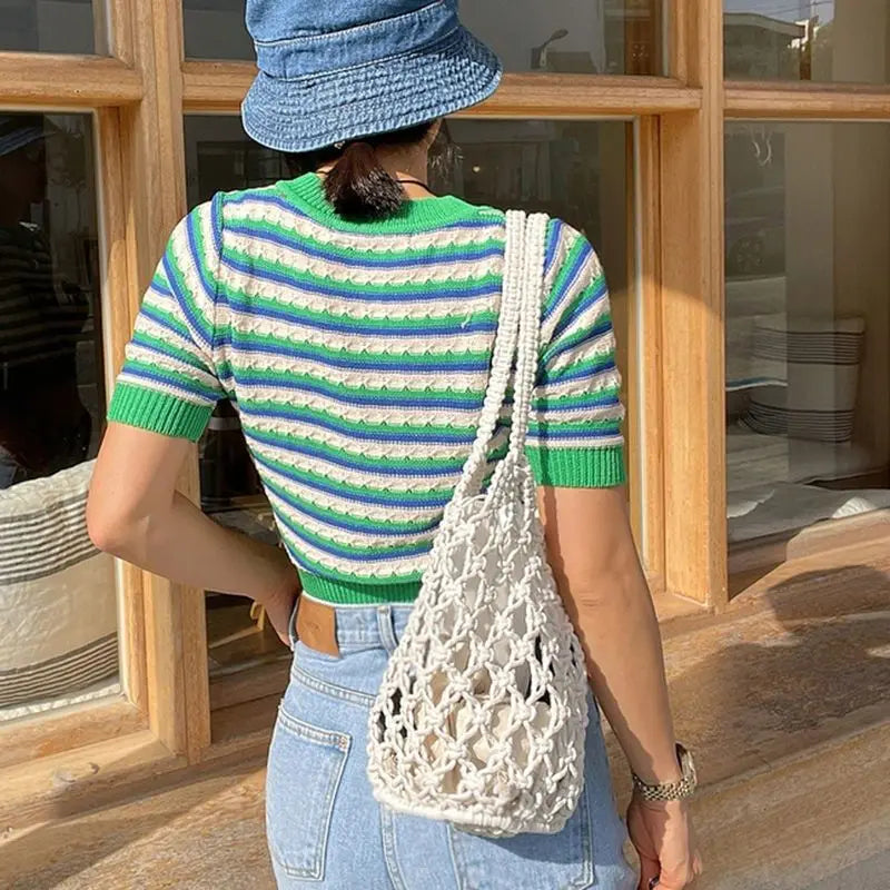 Bolso de playa de verano para mujer, bolso de hombro tipo cubo de punto con cuerda de malla, bolso de viaje con huecos reticulados, bolso de mano de moda para mujer