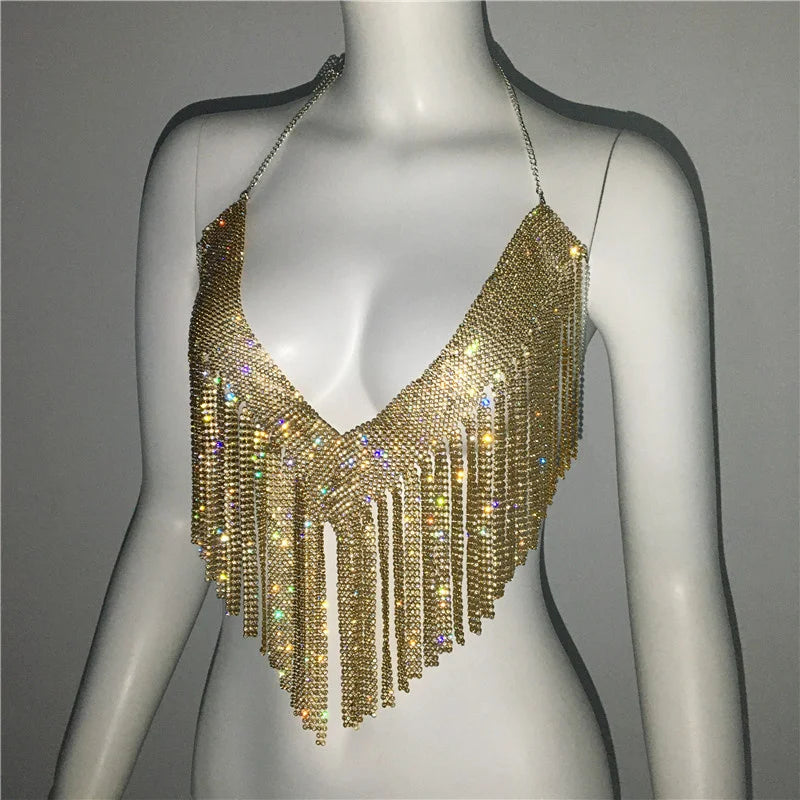 Chaleco con cuello halter y brillantes diamantes de imitación para mujer, top sexy de playa con borlas y cadena sin espalda para mujer, top corto calado para fiesta 2023