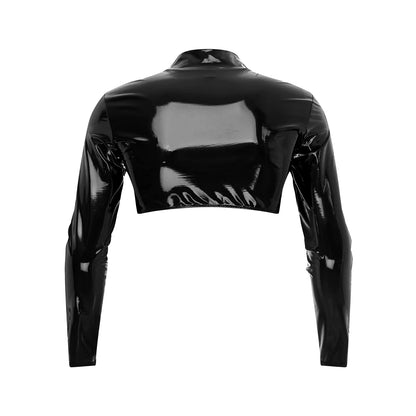 YiZYiF Sexy Mens Wetlook Leather Muscle Tank Top Gay Male Party Clubwear Stage Costume Zipper Shiny Long Sleeve Crop Tops