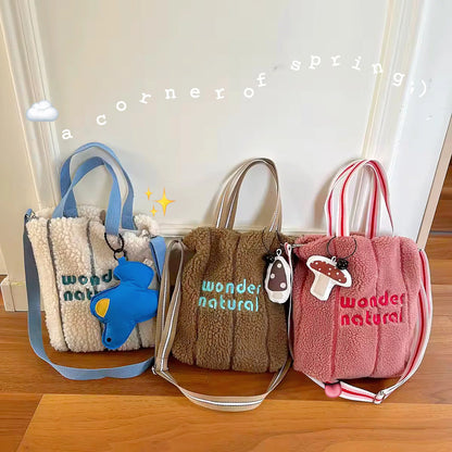 New Korean Fashion Tote Bag Women Letter Embroidery Imitation Lambhair Crossbody Bags Ladies Handbags and Purses Girls Bags