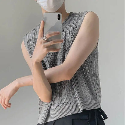 Fashion Men Tank Tops Mesh Hollow Out Transparent Streetwear Solid Color Vests 2023 O-neck Sleeveless Men Clothing S-5XL INCERUN