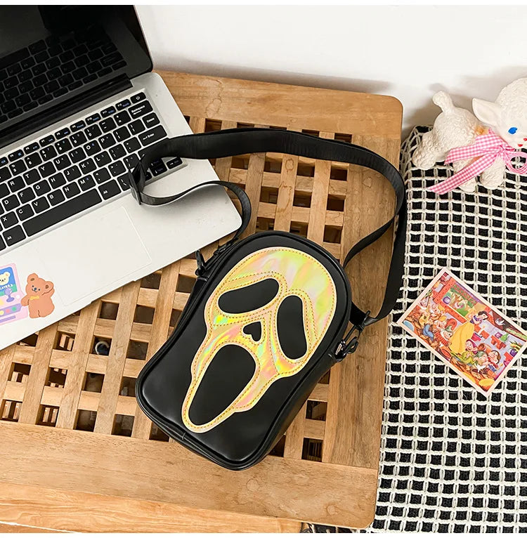 Bolso bandolera para hombre y mujer, estilo coreano, divertido bolso de hombro con calavera fantasma láser, bolso pequeño suave para teléfono móvil