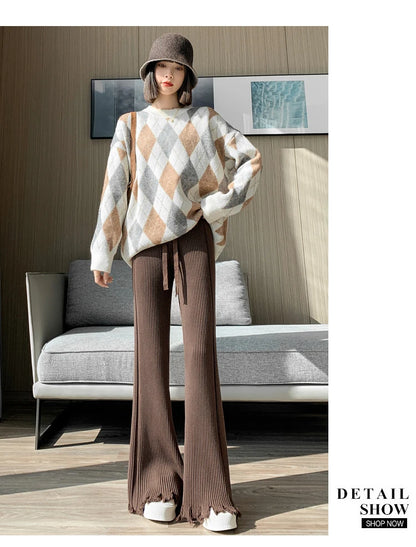 Suninheart Tassels Wide Leg Knitted Pants Women Winter Stripe Loose Trousers Femme Casual Full Length Warm Sweater Pants 2022