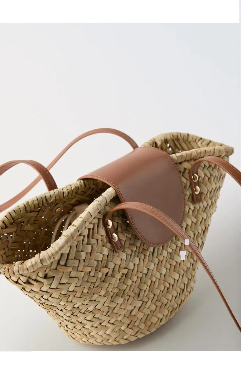 Bolso de mimbre informal para mujer, tejido de mimbre natural, estilo vintage, hecho a mano, para playa, de gran capacidad