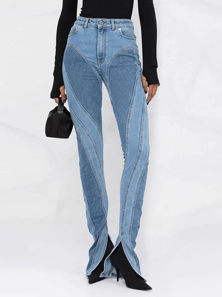 DEAT Fashion Women's Jeans Slim Deconstruct Panelled Patchwork High Waist Split Blue Long Denim Pants Spring 2024 New 1DF2575