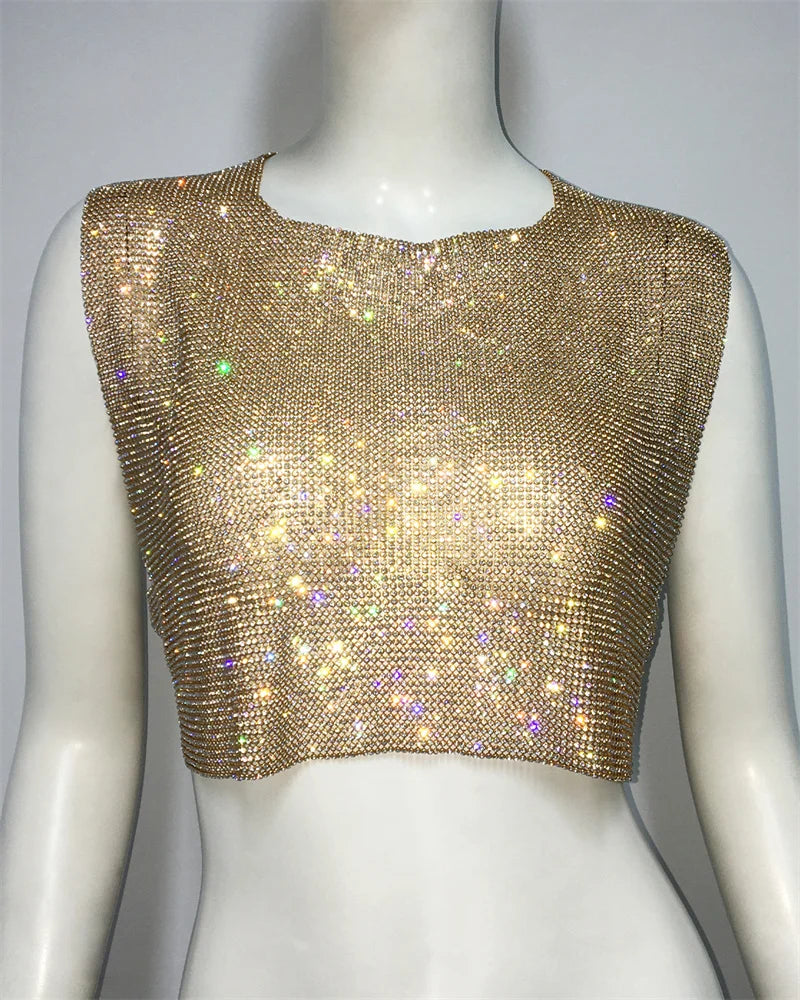 Tops de metal sin espalda para mujer, estilos de verano, ropa de fiesta, club nocturno, tops sexis sin mangas, tops con lentejuelas brillantes, venta al por mayor