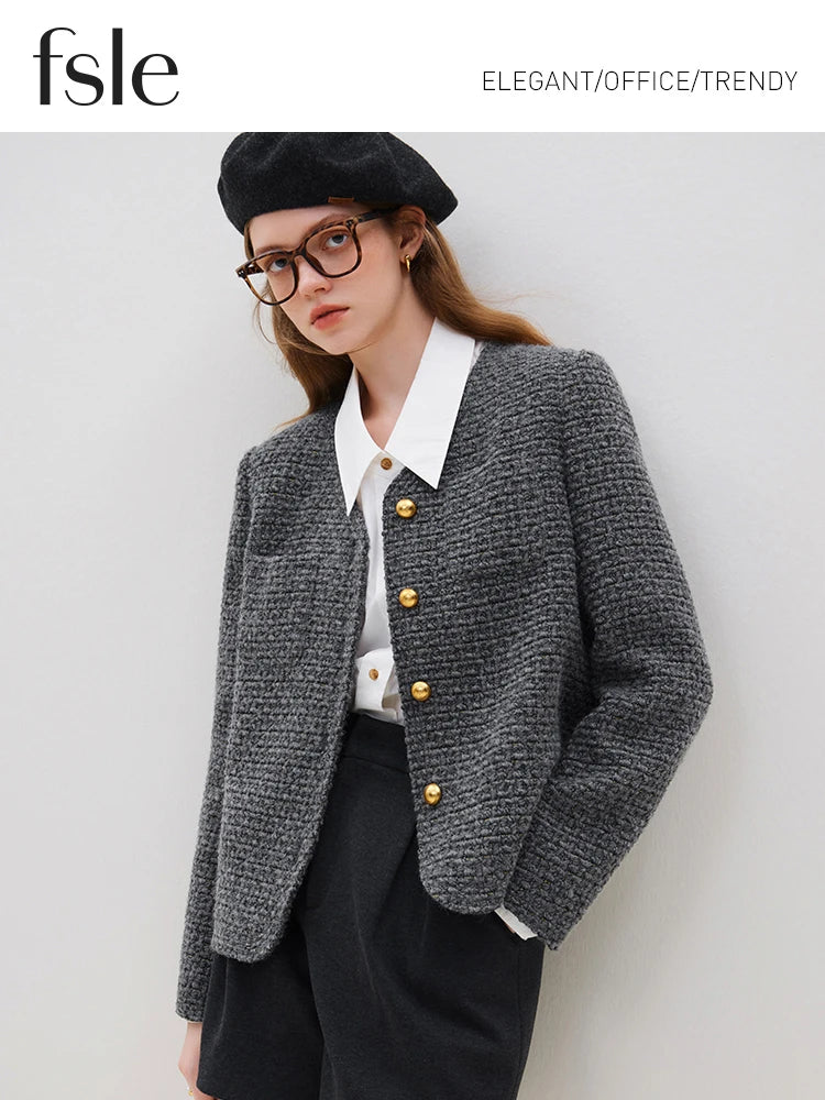 FSLE Office Lady French Style Fragrance Jacket Women's Autumn Winter 2023 New Wool Tweed Jacket For Women Grey Casual Coats