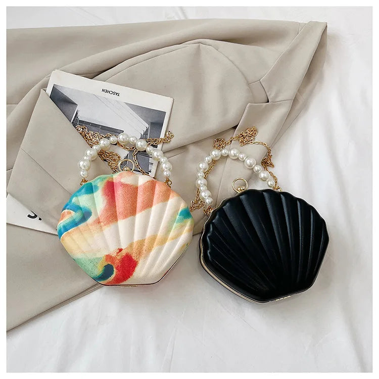 Fashion Shell Design Women Shoulder Bags Pearls Handle Lady Handbags Candy Color Pu Leather Crossbody Bag Small Female Purses