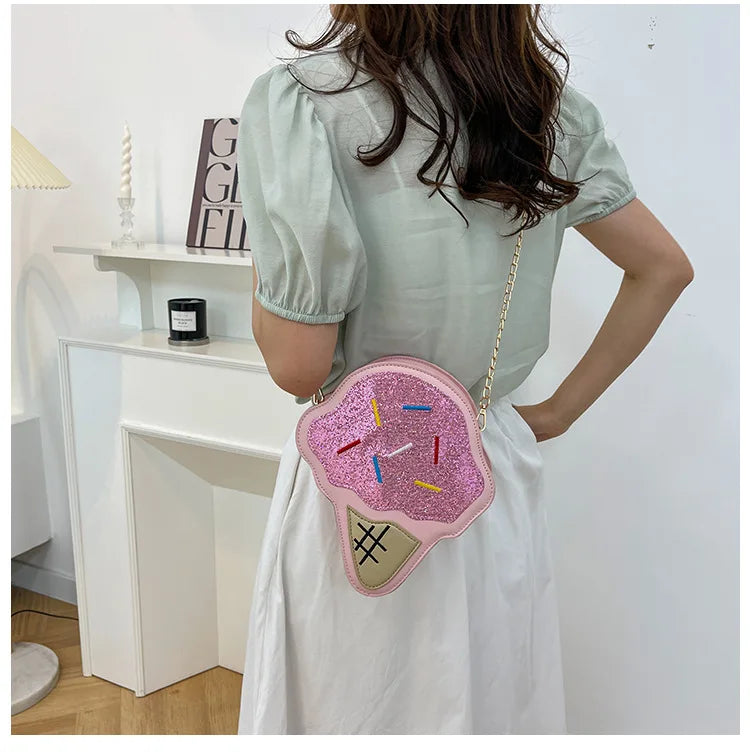 Ice CreamShape Shoulder Bag Style Cartoon Sequins Crossbody Bag Women Cute Chain Small Handbag