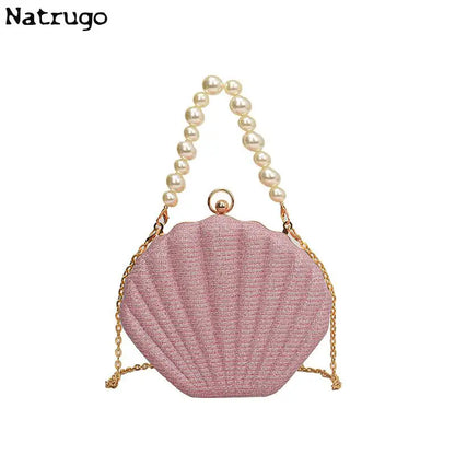 Bolso de hombro estilo marca, bolso de concha con cadena de perlas, bolso cruzado de lentejuelas de moda para mujer, bolso de noche