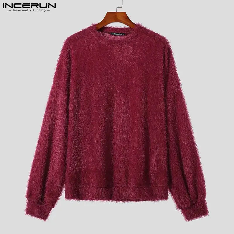 2023 Hommes Pulls Couleur Unie En Peluche O-cou À Manches Longues Mode Décontracté Hommes Vêtements Streetwear Automne Pulls S-5XL INCERUN