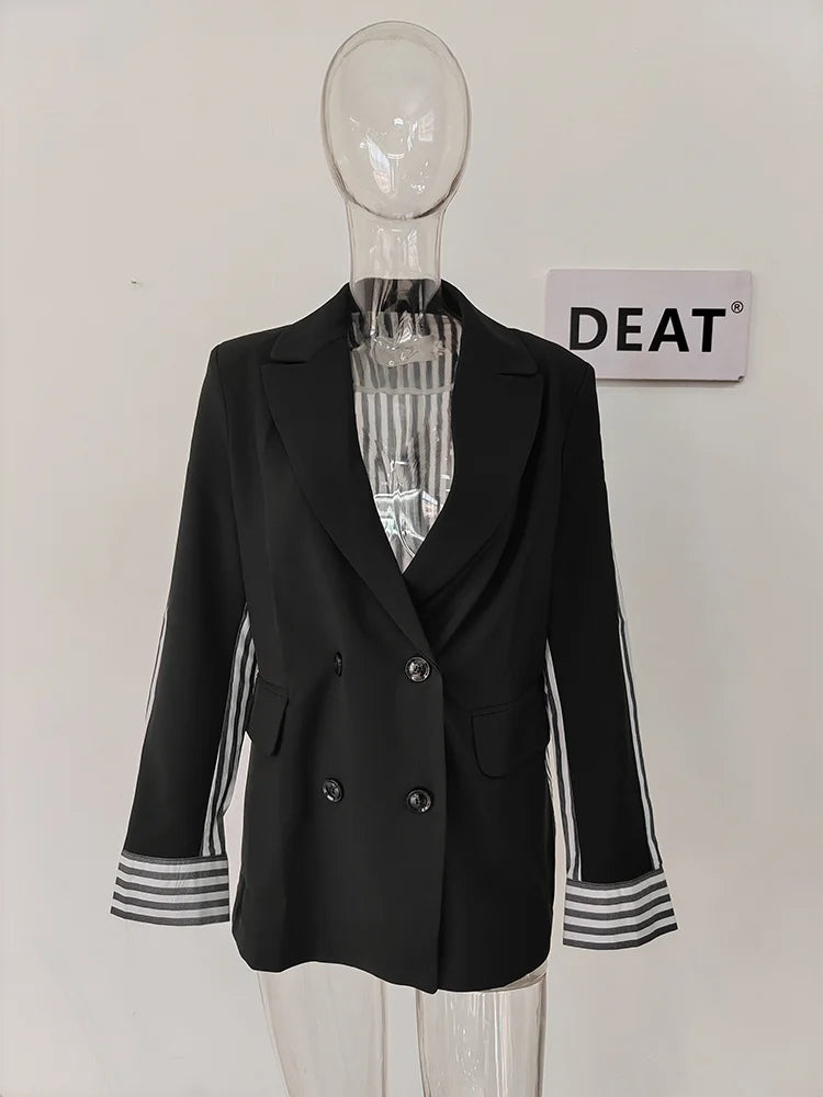 DEAT Fashion Blazer pour femme, nouvelle veste de costume ample à double boutonnage, épissée, rayée, longue, automne 2024 17A206H