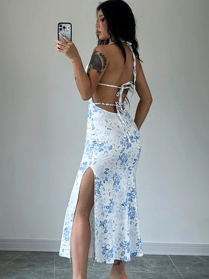 Dulzura - Vestido largo con cuello halter y encaje floral para mujer, vestido midi ajustado sin espalda, atuendo sexy para fiesta y club, ropa de calle, vestido de verano