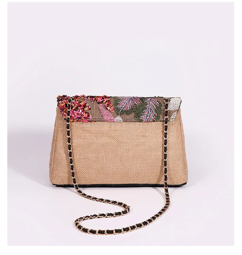 Fashion Sequins Embroidery Flap Women Shoulder Bags Chains Random Floral Pattern Crossbody Bag Casual Summer Beach Underarm Bag