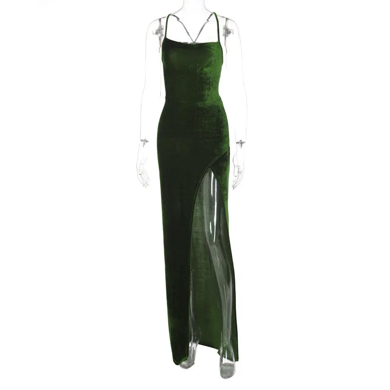 Dulzura - Vestido largo con cordones y tirantes de terciopelo verde para mujer, con abertura lateral, espalda descubierta, ajustado, sexy, para fiesta de graduación, elegante, para fiesta de cumpleaños