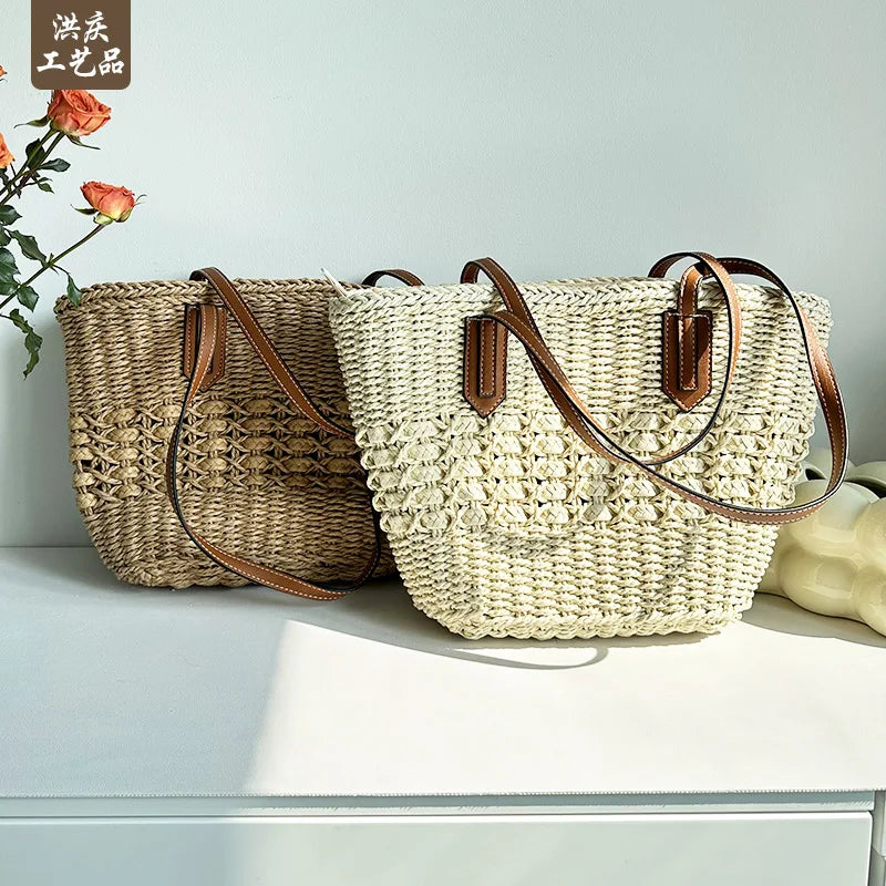 Bolso de playa de vacaciones de verano junto al mar, bolso de mano de cuerda de papel ahuecado de gran capacidad, bolso de paja simple para mujer, bolso de moda