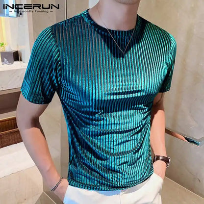 Fashion Casual Style Men's Camiseta  Party Shows Tees INCERUN Male Stylish Hot Sale Drawstring Round Neck Stretch T-shirts S-3XL