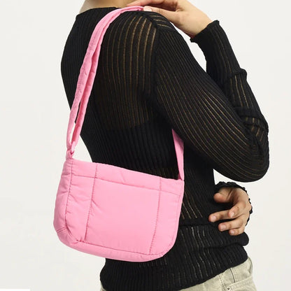 Casual Small Puffer Bag Candy Color Padded Women Shoulder Crossbody Bags Simple Quilted Nylon Messenge Bag Cute Female Purses