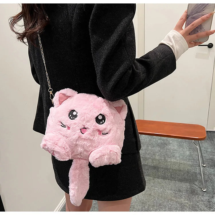 Bolso estilo japonés rosa kawaii para mujer, bolso de hombro de felpa con dibujos de gato para mujer, bolso cruzado, bolso pequeño para teléfono y cartera, novedad de 2024