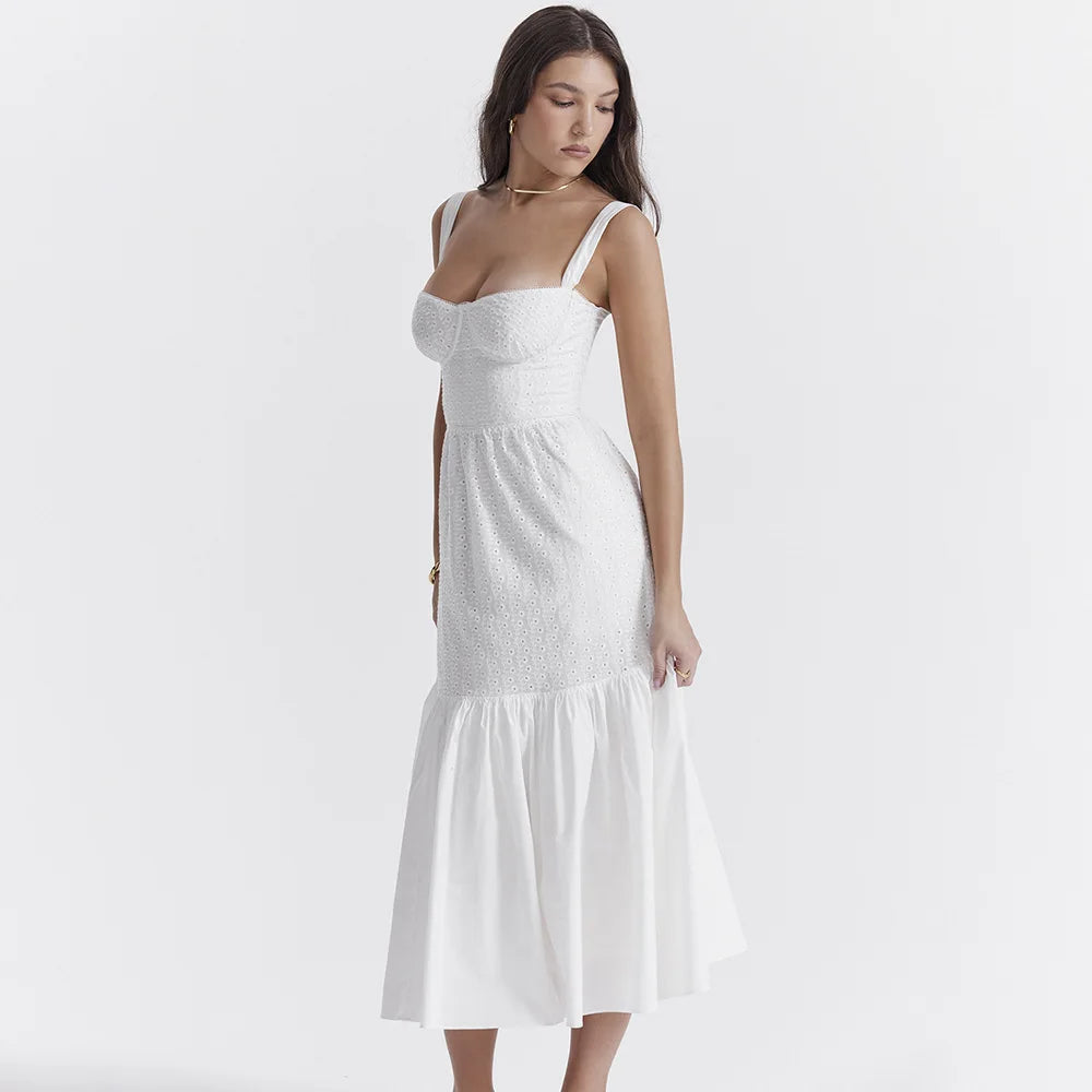 Suninheart - Vestido elegante y bonito de verano de alta calidad para mujer, vestido de jacquard de mezcla de algodón blanco, vestido de fiesta de vacaciones a media pierna