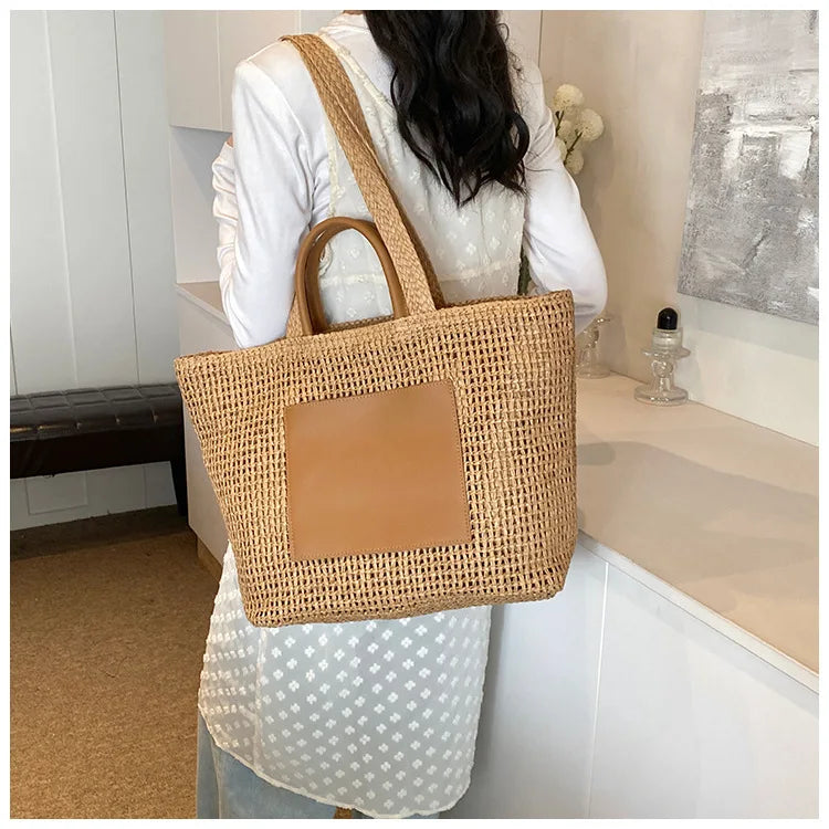 Casual Large Capacity Straw Tote Bag Hollow Paper Weave Women Shoulder Bags Handmade Summer Beach Handbag Big Bali Shopper Purse