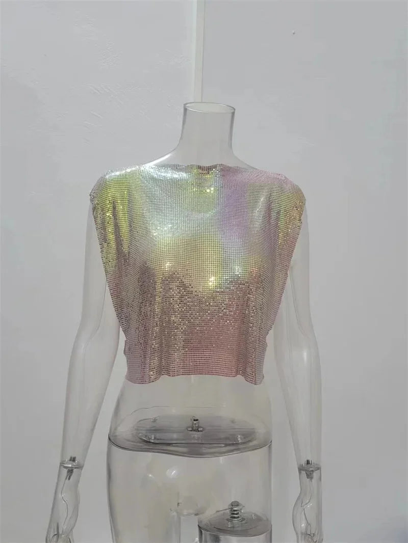 Y2k Shiny Metallic Sequins Festival T- Shirts Crop Tops Sexy Women Sleeveless See Through Glitter Sequin Club Party Rave T Shirt