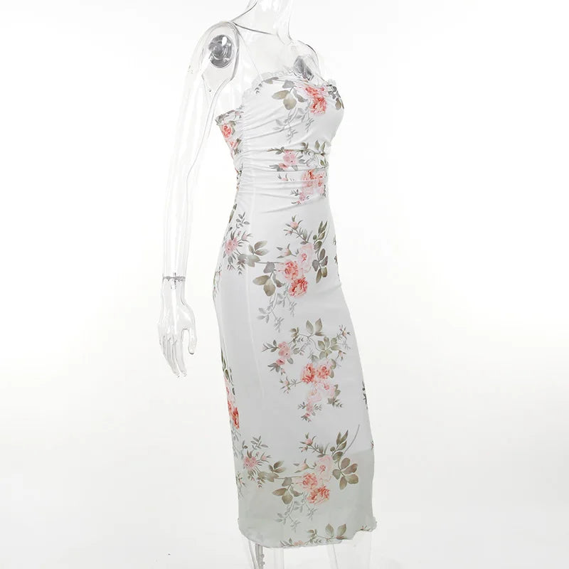 Elegante vestido con estampado de flores y tirantes para mujer, a la moda, con hombros descubiertos y espalda descubierta, vestidos elegantes para fiestas y clubes YJ23300SK