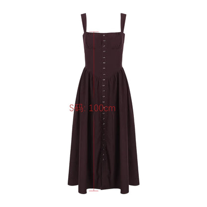 Robe élégante d'été pour femme Suninheart 2023 Robe de fête d'anniversaire à bretelles spaghetti marron Robe mi-longue boutonnée en ligne A