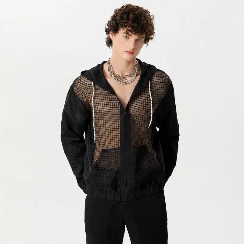 2024 Camisa de hombre de malla de retazos transparente con capucha, cuello en V, cremallera, manga larga, ropa de calle para hombre, camisas de moda sueltas INCERUN