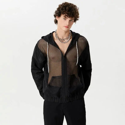 2024 Camisa de hombre de malla de retazos transparente con capucha, cuello en V, cremallera, manga larga, ropa de calle para hombre, camisas de moda sueltas INCERUN