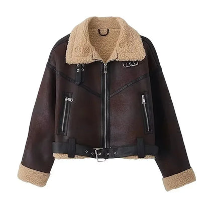 suninheart 2023 Femme Mode Épais Chaud Faux Shearling Veste Manteau Vintage À Manches Longues Ceinture Ourlet Femme Vêtements D'extérieur Chic Hauts