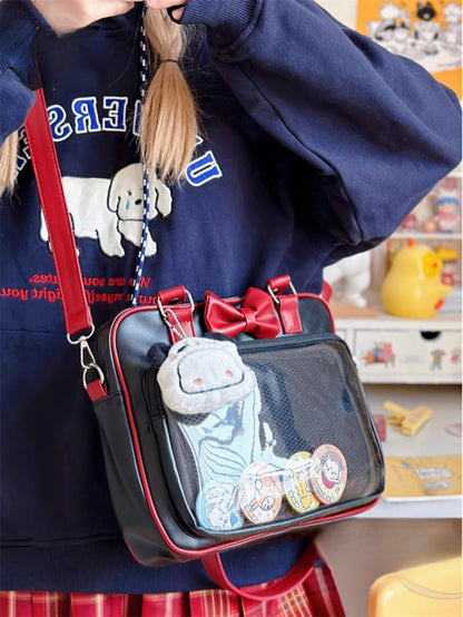 Bolso de mano estilo japonés Kawaii de piel sintética tipo Itabag para mujer, transparente, con lazo y bolsillo, estilo Lolita, para chica JK