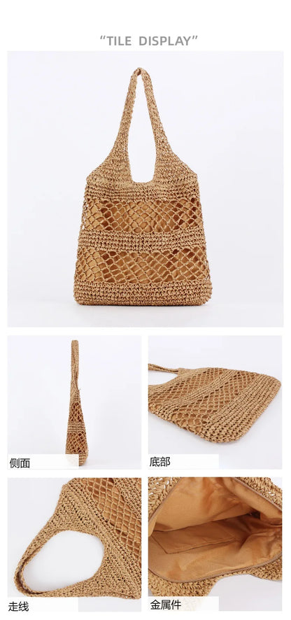 Casual Hollow Straw Women Shoulder Bags Handmade Woven Large Capacity Tote Bag Summer Beach Handbags Simple Bali Purses 2024