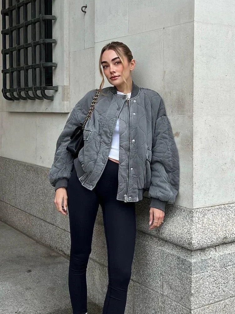 Manteau en coton matelassé gris pour femme, veste vintage à simple boutonnage et col montant, style décontracté et chic, collection automne-hiver 2023