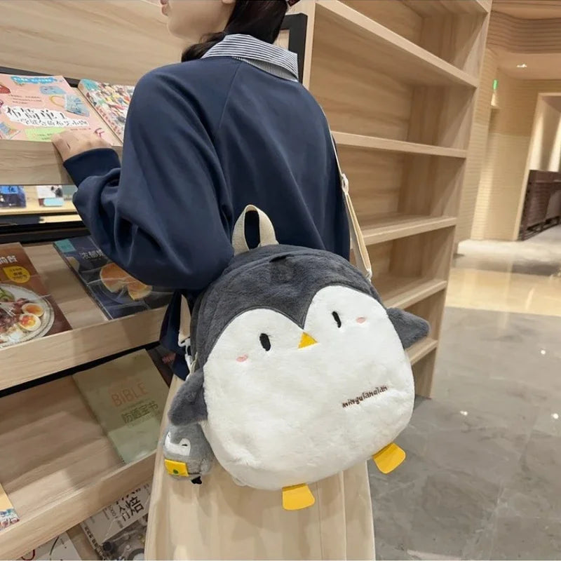 Sac à dos en peluche douce Kawaii pour femmes, mignon pingouin, mini sac à dos d'école pour adolescentes, sacs chauds en fausse fourrure, Mochilas Femininas