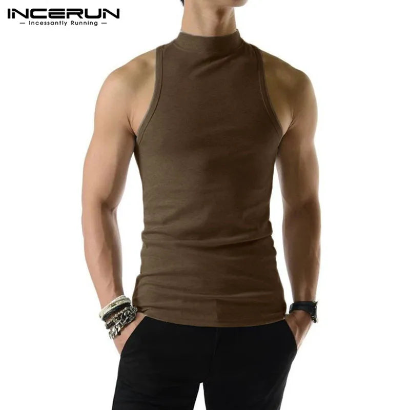 2023 Camisetas sin mangas para hombre, de color liso, cuello alto, sin mangas, de punto, informales, ropa de calle de verano, ropa de moda para hombre INCERUN S-5XL