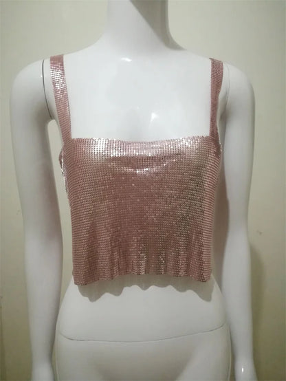 Camisoles à paillettes métalliques pour femmes, hauts courts sexy à dos nu avec chaîne, tenue de soirée, de danse, de club, froncé, col rond, streetwear