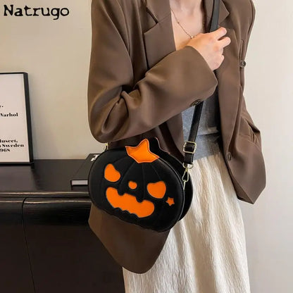 Halloween Funny Bag PU Leather Novelty Pumpkin Purse Adjustable Strap Crossbody Bag Fashion Satchel Bag Cartoon Shoulder Bag