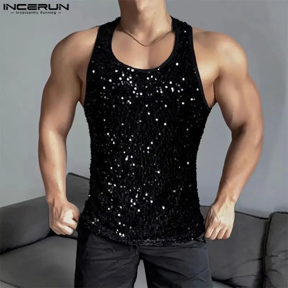 Camisetas con estilo en oferta para hombre INCERUN, camisetas con diseño de perla brillante y personalidad, camisetas deportivas informales, camisetas sin mangas con cuello redondo, tallas S a 5XL