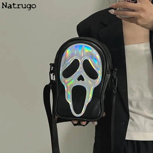 Crossbody Bag Men's, Women's Korean-style Funny Laser Ghost Skull Shoulder Bag Soft Mobile Phone Small Bag