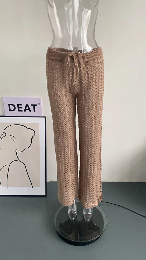 DEAT Fashion Women's Pants High Waist Slim Drawstring Solid Color Knitted Hollow Out Flare Trousers Spring 2024 New 17A2466