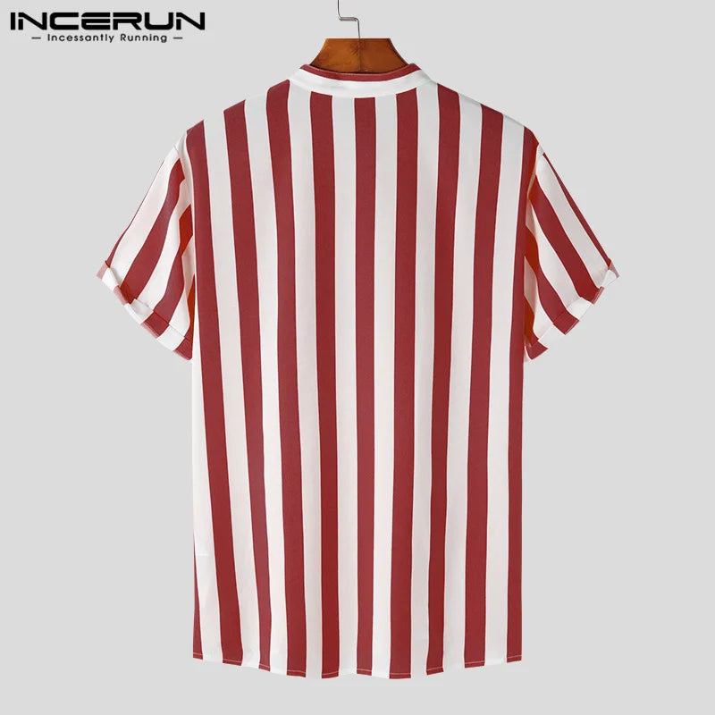 2023 Men Striped Shirt Brand Stand Collar Streetwear Short Sleeve Button Casual Camisa Hombre Leisure Fashion Tops INCERUN S-5XL