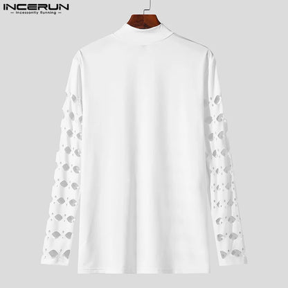 2023 Camiseta para hombre de color sólido, cuello alto, manga larga, calada, ropa de calle para hombre, fitness, sexy, moda, camisetas INCERUN