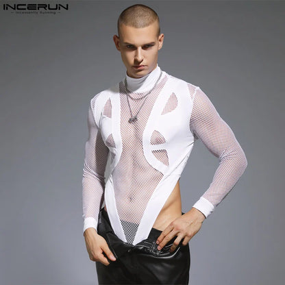 2023 Body pour hommes en maille patchwork sexy col roulé à manches longues t-shirts streetwear transparent mode body pour hommes INCERUN