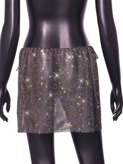 Jupe mini sexy transparente en strass pour femme, jupe crayon fendue brillante pour la plage et les fêtes, vêtements de festival, été, 2024